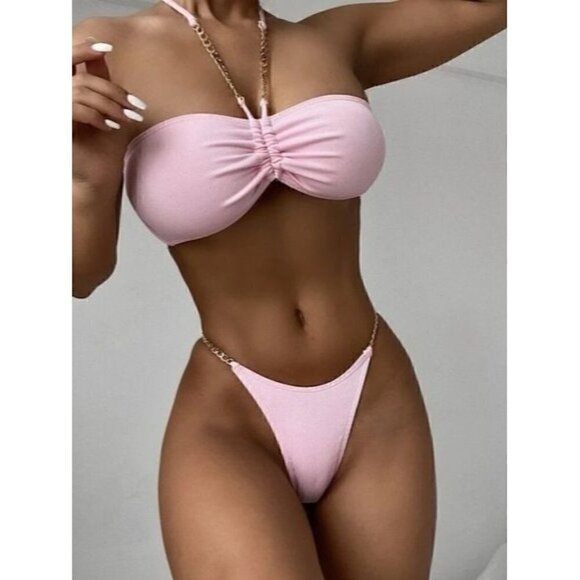 Chain Ruched Halter Bikini Swimsuit - Picture 2 of 6